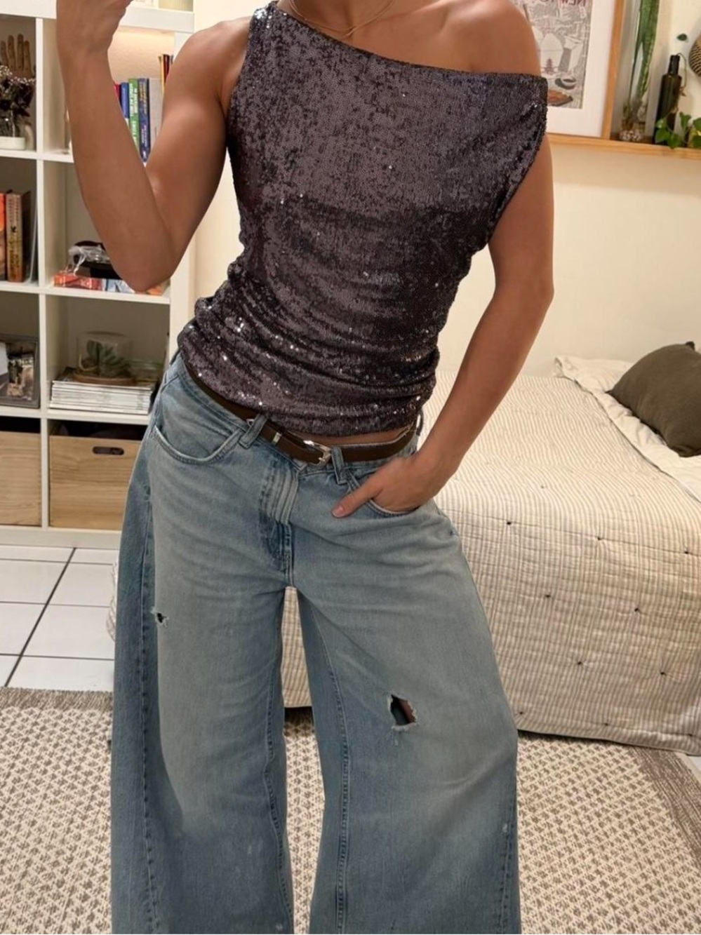 Sequined One-Shoulder Top in Silver